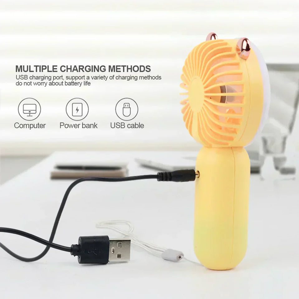 Portable Cute Cartoon Fan with LED Light, USB Rechargeable Mini Handheld Fan Personal Fan for Travel