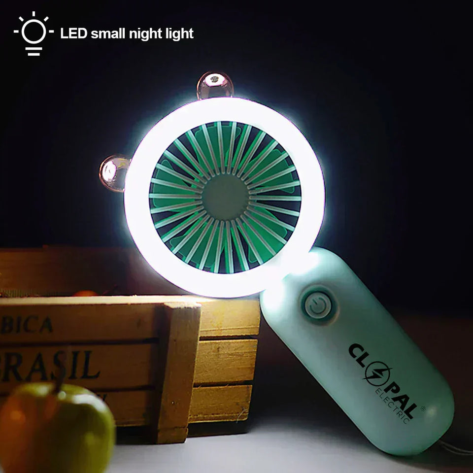 Portable Cute Cartoon Fan with LED Light, USB Rechargeable Mini Handheld Fan Personal Fan for Travel